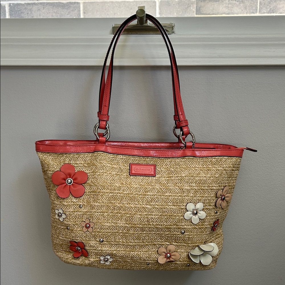 Coach Straw Tote with Red Floral Accents